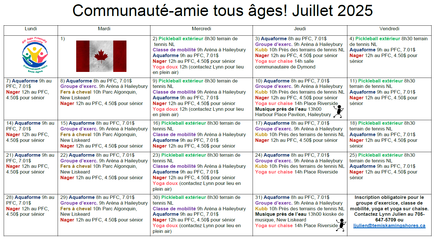 All Age Friendly French July Calendar