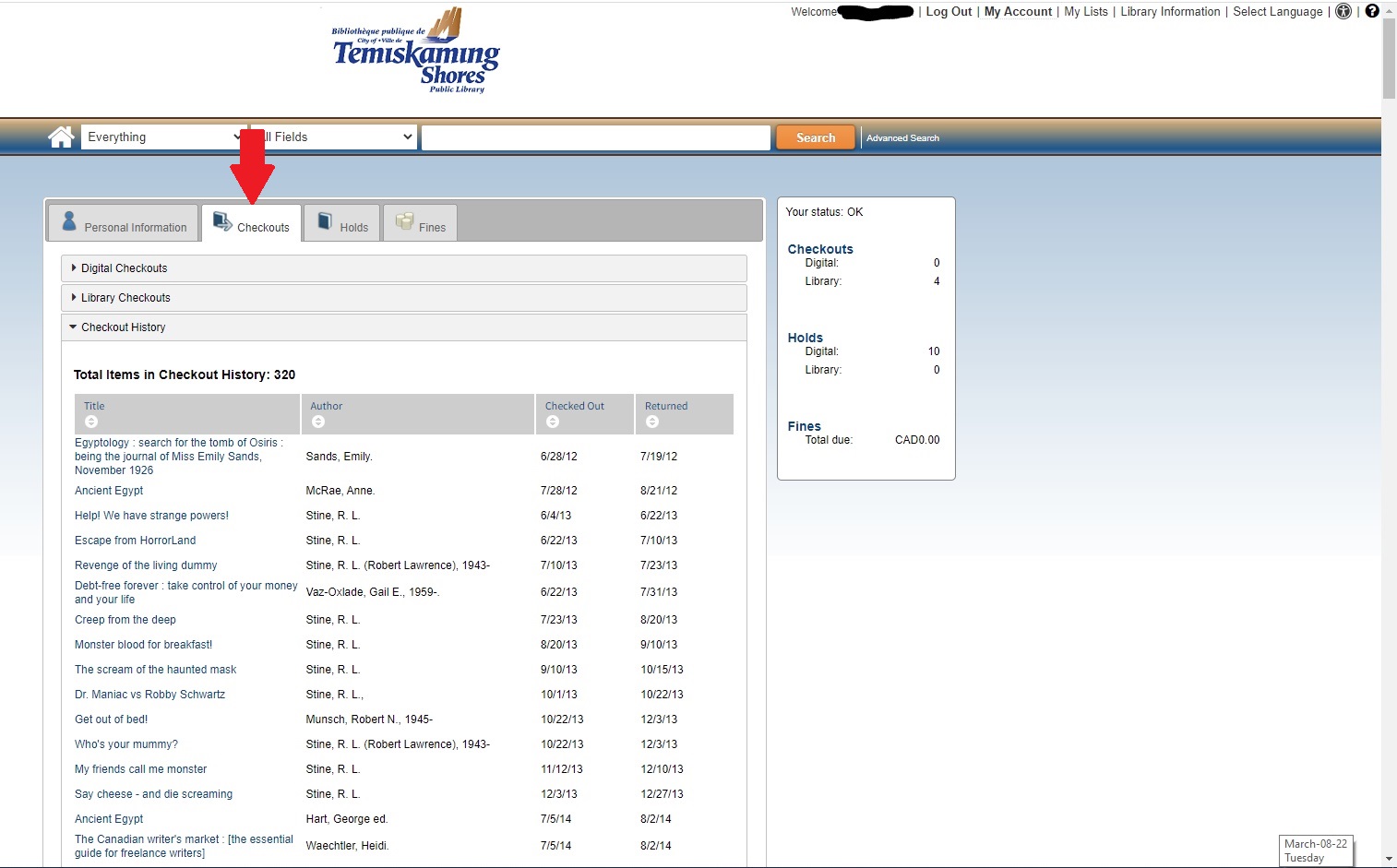 Screenshot of Online Catalog Checkouts Page