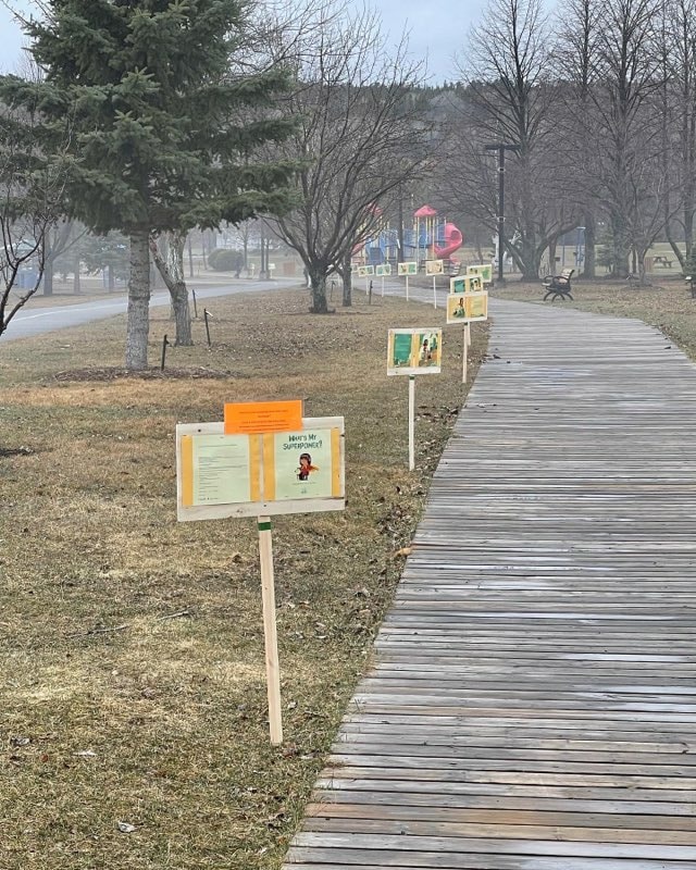 Pages of a story on display at New Liskeard waterfront