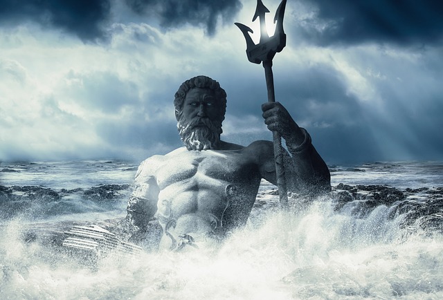 Poseidon rising out of the water holding trident