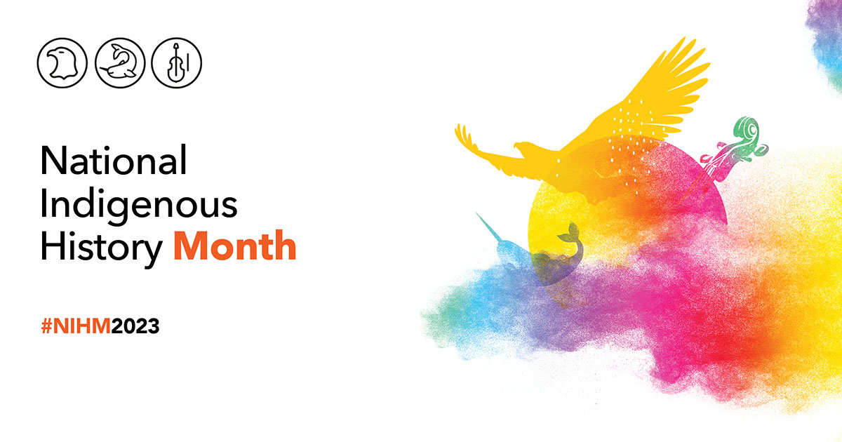 National Indigenous History Month Logo: An eagle representing First Nations, a narwhal representing Inuit, and a violin representing Métis. These illustrations are placed around the sun and surrounded by multicoloured smoke that represents Indigenous traditions, spirituality, inclusion and diversity.