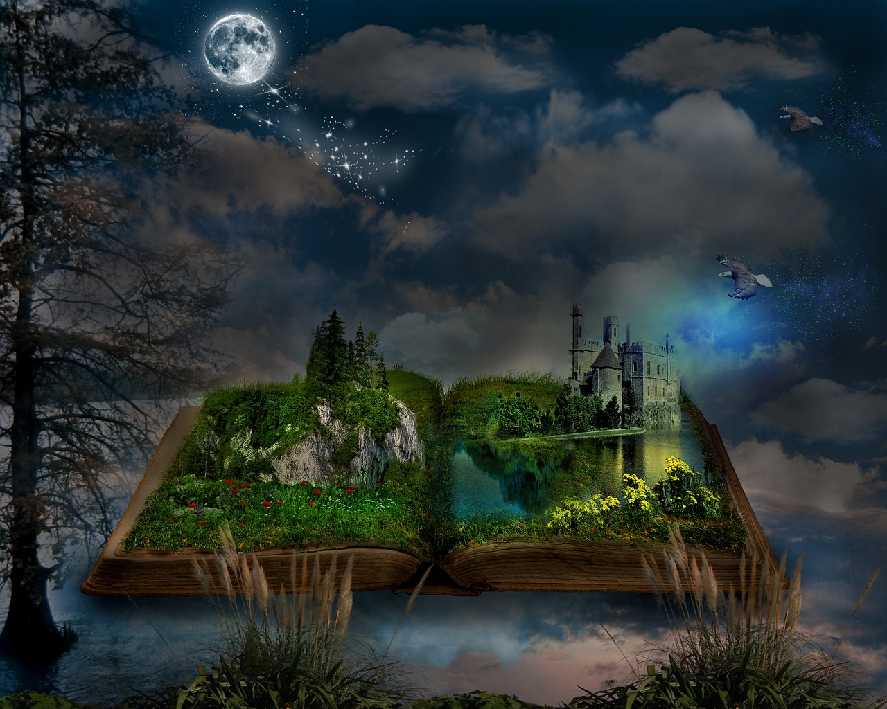 Book open to a castle and forest scenery