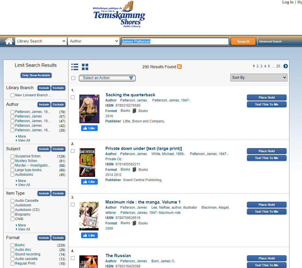 TSPL online catalog search results page