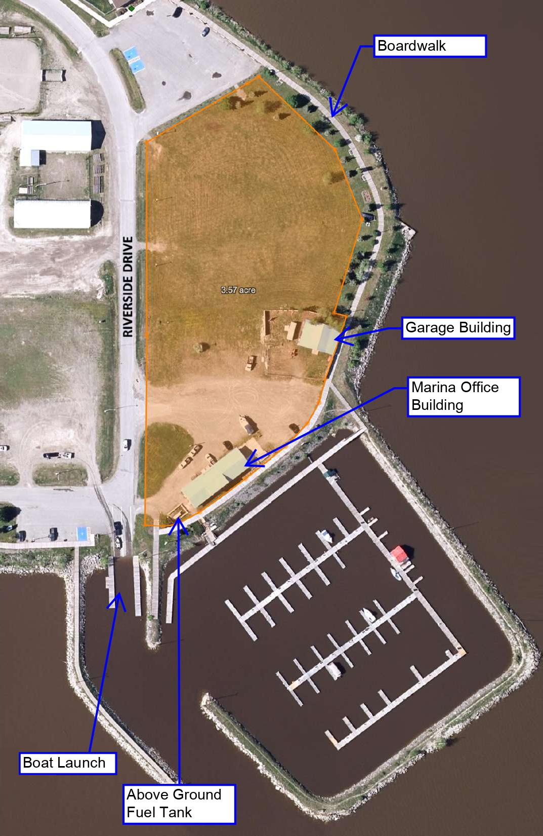 Aerial image of a waterfront property with markup indicating prominent features.