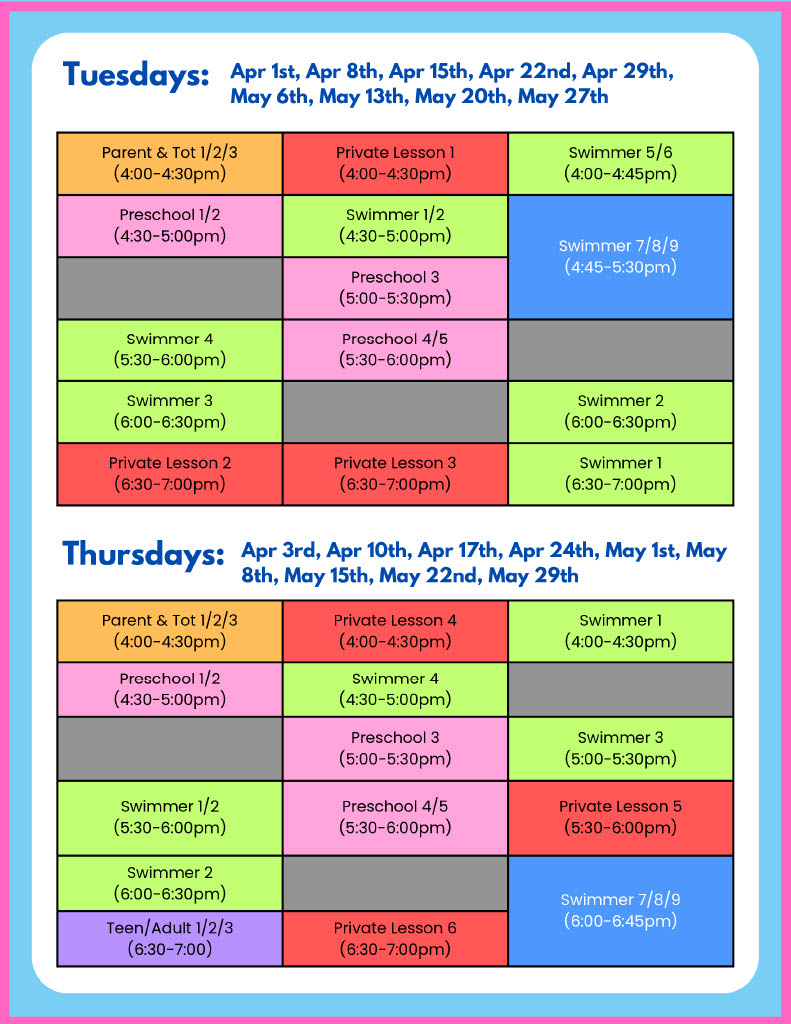 Spring Session Swim Lesson Schedule