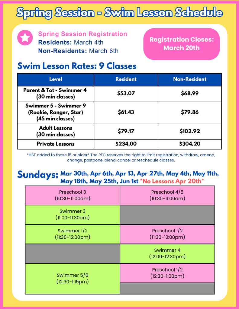 Spring Session Swim Lesson Schedule