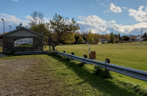 Empty soccer field and Farr Park Washroom building