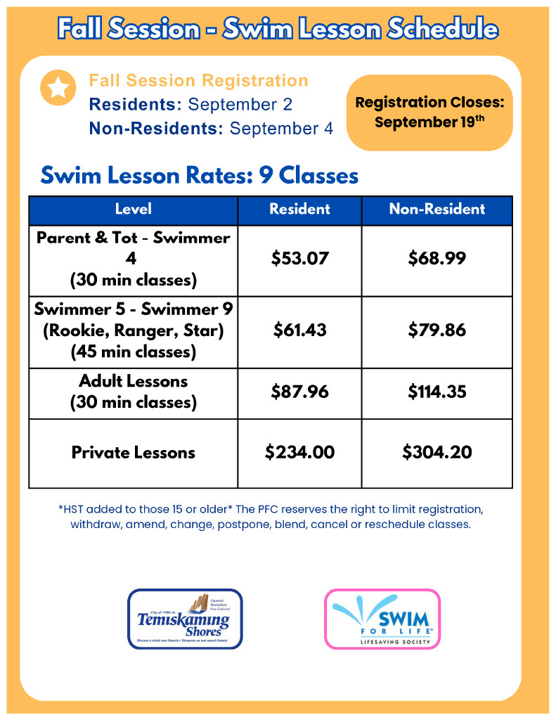 Fall Session - Swim Lesson Schedule